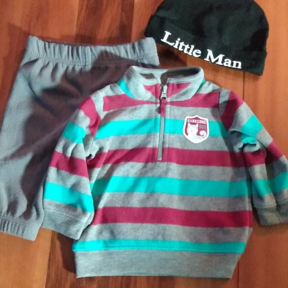Carter's 3 Months Boys Fleece Quarter Zip Pullover & Sweatpants Set + Hat